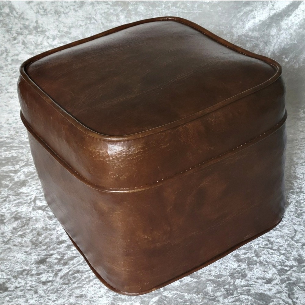 Vintage MCM Brown Vinyl Square Ottoman Footstool Retro Faux Leather Cube